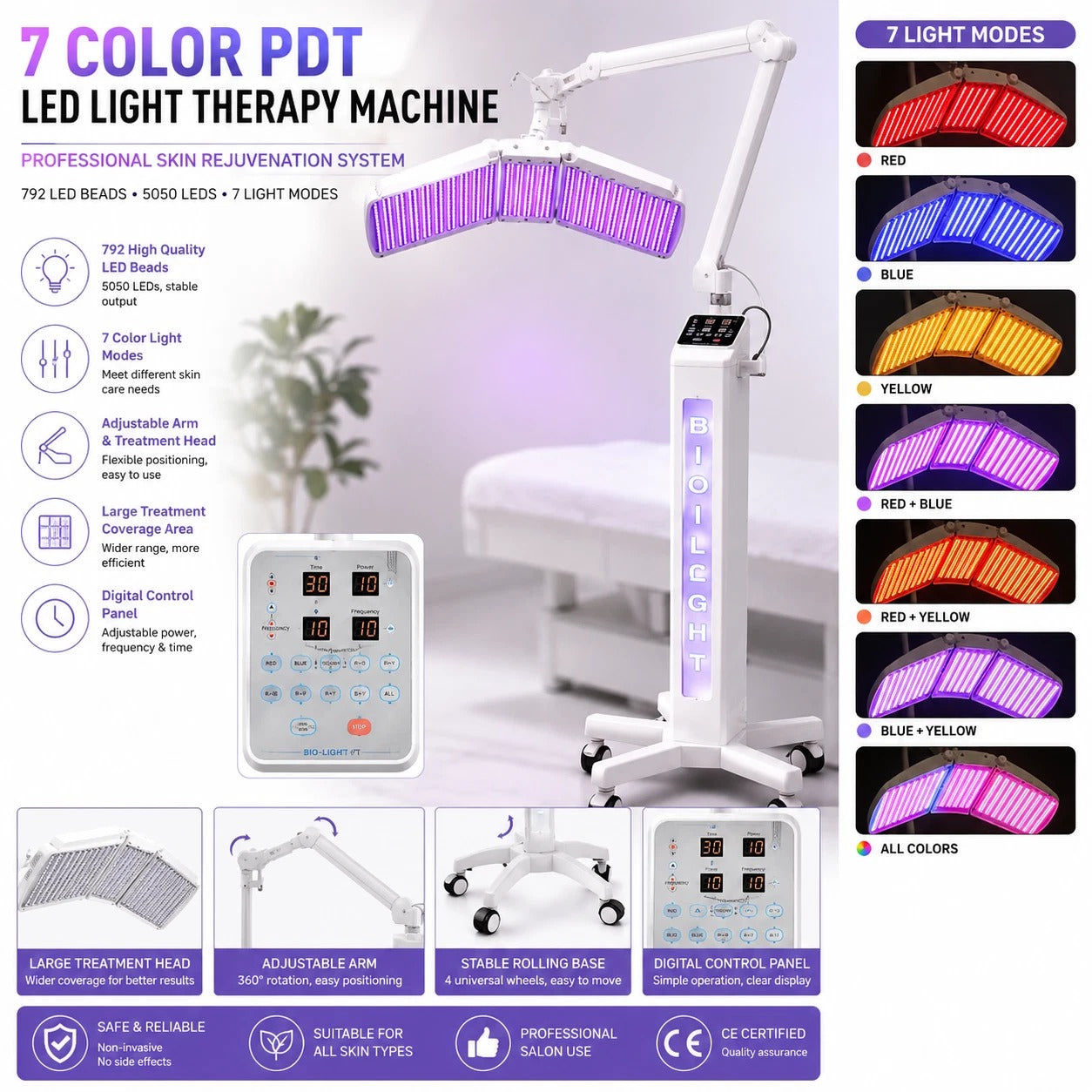 Professional 7 Color PDT LED Light Therapy Machine with Stand
