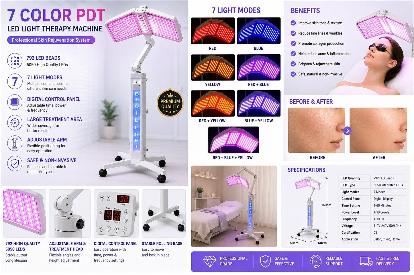 Professional 7 Color PDT LED Light Therapy Machine with Stand